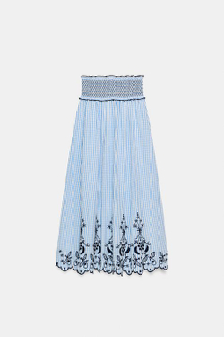 ZARA ЮБКА МИДИ В КЛЕТКУ С ВЫШИВКОЙ, СИНИЙ/БЕЛЫЙ