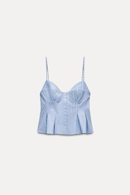 ZARA ТОП ИЗ ПОПЛИНА С ПЛИССИРОВКОЙ, СИНИЙ/БЕЛЫЙ
