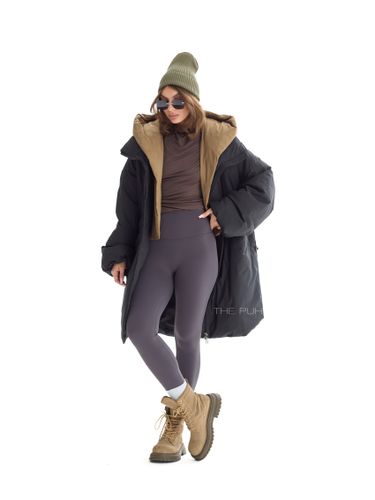 Черно-оливковый длинный пуховик с капюшоном