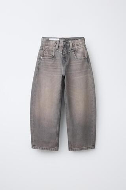 ZARA ДЖИНСЫ BARREL С ЗАКЛЕПКАМИ, СЕРО-КОРИЧНЕВЫЙ