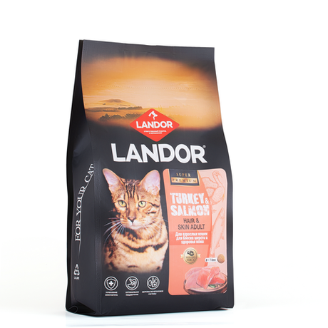 Сухой корм LANDOR для кошек для шерсти и здоровья кожи с индейкой и лососем 2кг