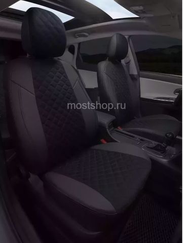 Авточехлы Kia Sportage IV с 15г. (темно-серый + алькантара синяя (широкий ромб)) (Эксклюзивный комплект)