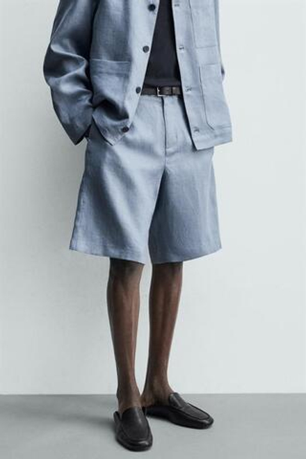 ZARA ШОРТЫ RELAXED FIT ИЗ 100% ЛЬНА, ЛИНЯЛЫЙ СИНИЙ