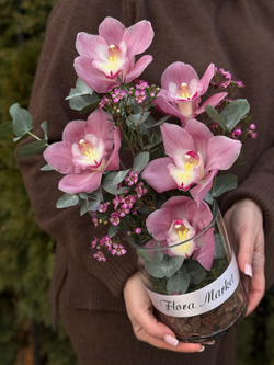 Композиция в стеклянной вазе из орхидей цимбидиума, эвкалипта и декора от Флора Маркет