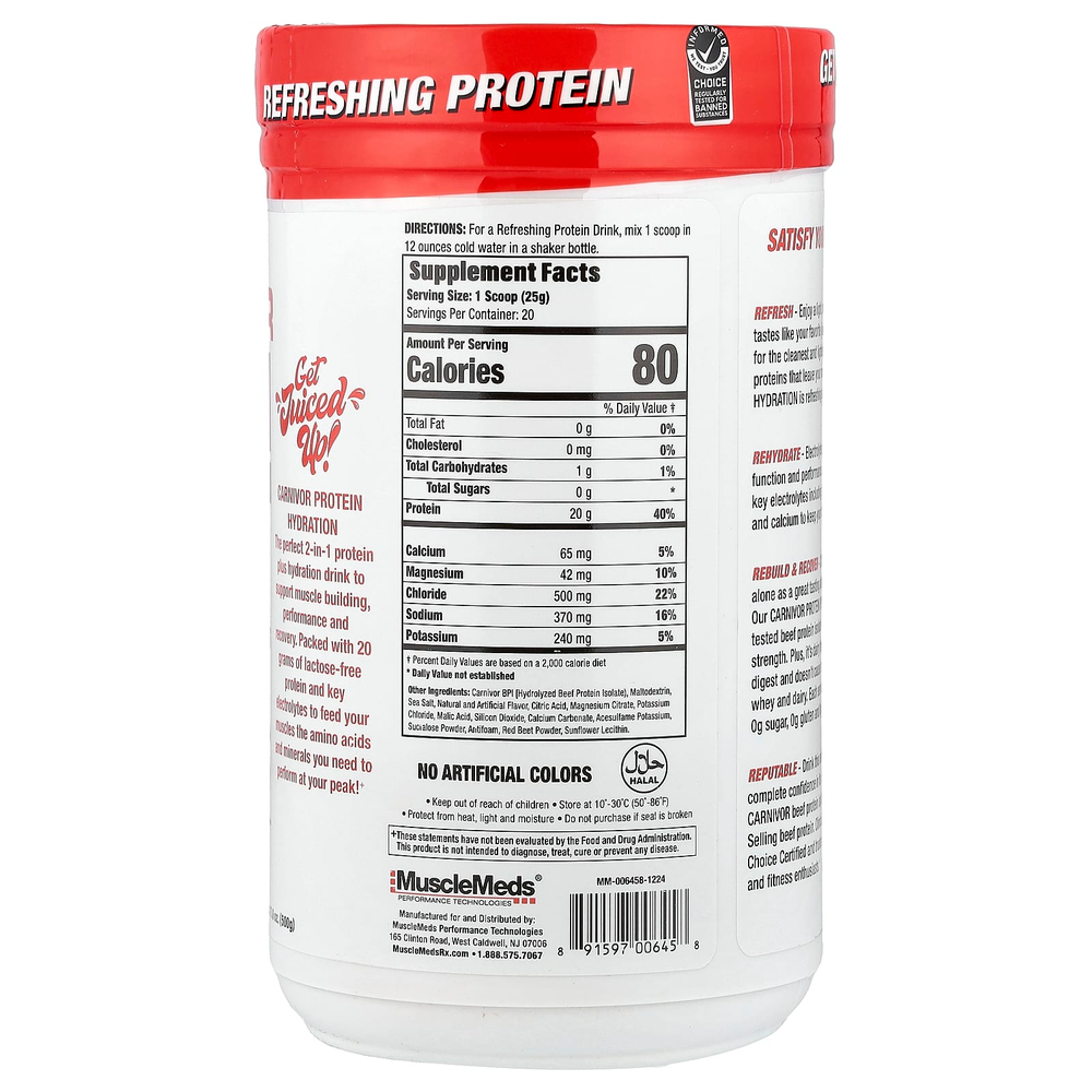 MuscleMeds, Carnivor Protein Hydration, протеин, вишня и лайм, 500 г (17,6 унции)