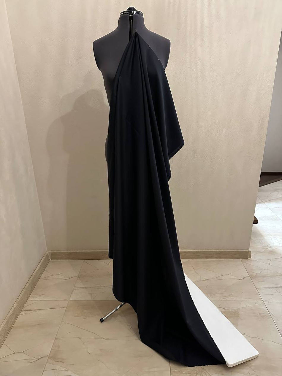 Костюмно-плательная шерсть с шелком (Marzotto, 80%шерсть/20%шелк, Сине-серый фон/тонкая вертикальная полоска, 150, 210 гр/м2)