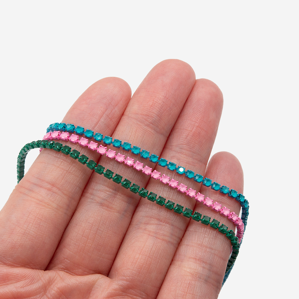 Матовая стразовая цепь, 2мм, розовый кристалл в розовых цапах