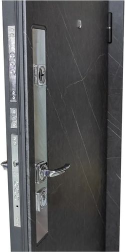 Входная дверь в квартиру с зеркалом STR МХ - 26 Гранит лава оникс, вставка нержавеющая сталь / Большое зеркало М15 Шампань софт (светло-кремовый, без текстуры)