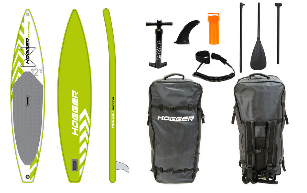 SUP доска HOGGER Surfing 12.6" надувная для серфинга, drop-stich двухслойная технология, зеленый/белый