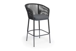 "Марсель" стул барный плетеный из роупа, каркас из стали темно-серый (RAL7024) муар, роуп темно-серый круглый, ткань темно-серая 027 NEW