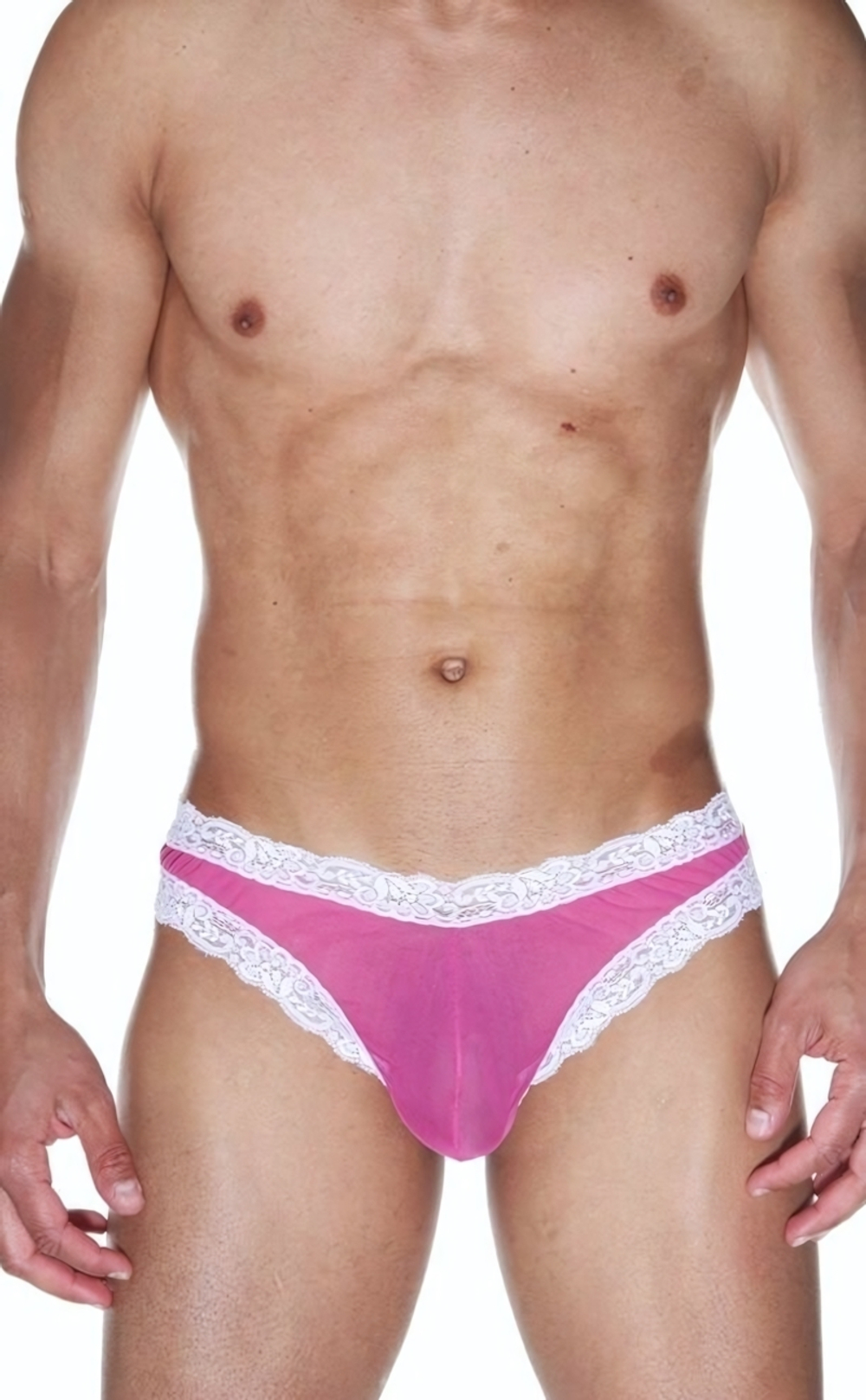 Мужские трусы-бразилиана с отделкой края кружевом (Размер: S-M) (Цвет: розовый с белым)
