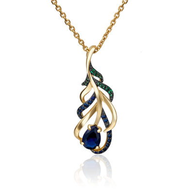 Подвеска «Перо павлина» из лимонного золота с фианитами