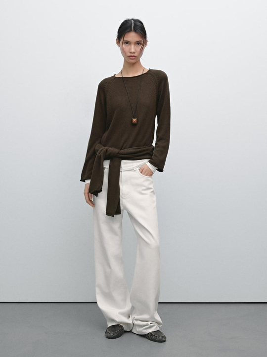 Massimo Dutti Ажурный свитер платочной вязки, коричневый