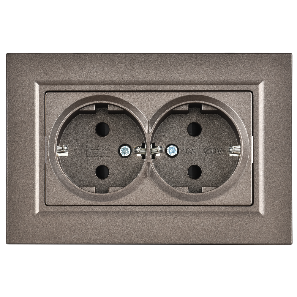 BRITE Розетка 2-местная с заземлением с защитными шторками плоская 16А в сборе РСшПл12-3-БрТБ темная бронза IEK