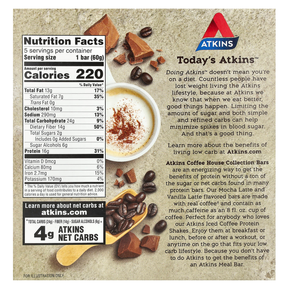 Atkins, Coffee House Collection, батончик с мокко латте, 5 батончиков по 60 г (2,12 унции)