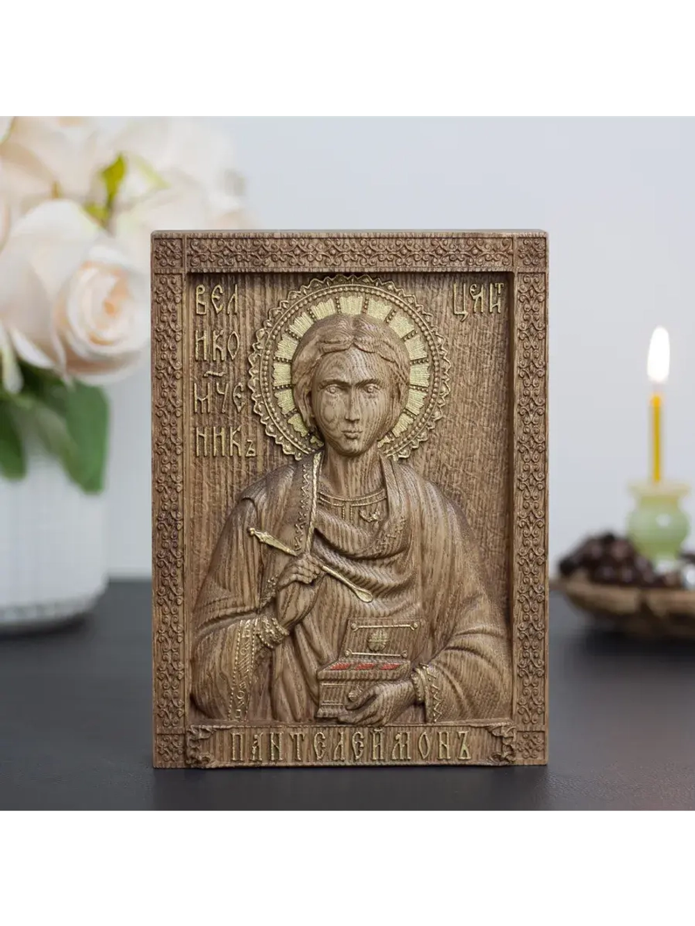 Пантелеймон Целитель икона деревянная резная, ясень