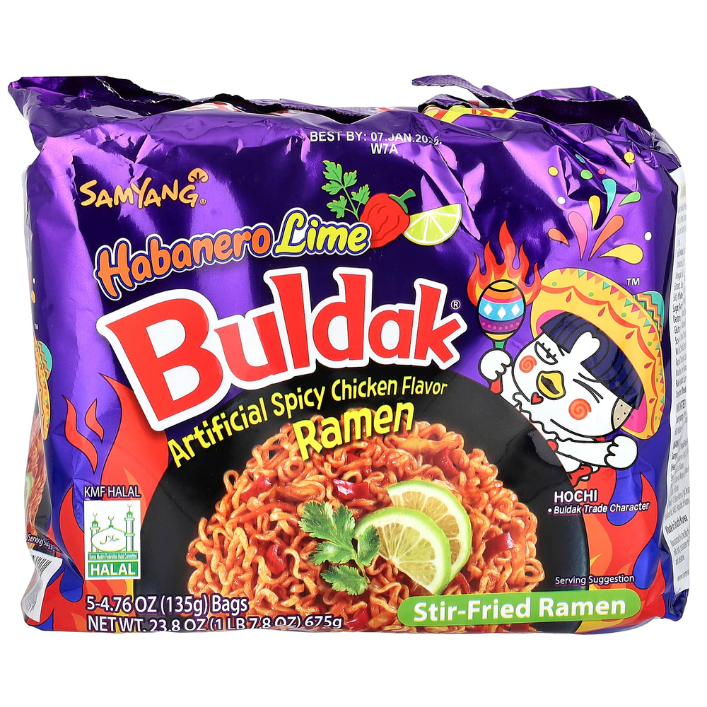 Buldak, Buldak®, жареный рамэн, пряная курица, хабанеро и лайм, 5 пакетиков по 135 г (4,76 унции)
