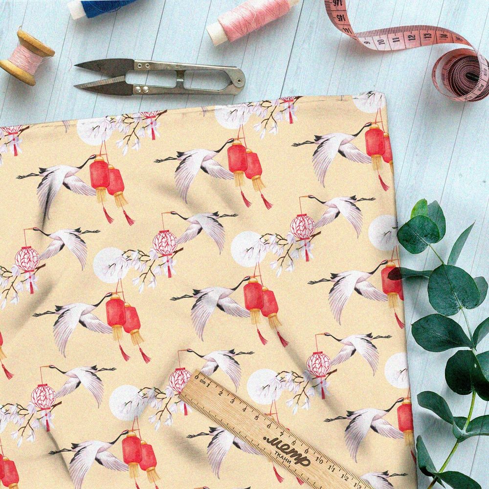 Ткань кулирная гладь летящие аисты и красные фонари на ветвях