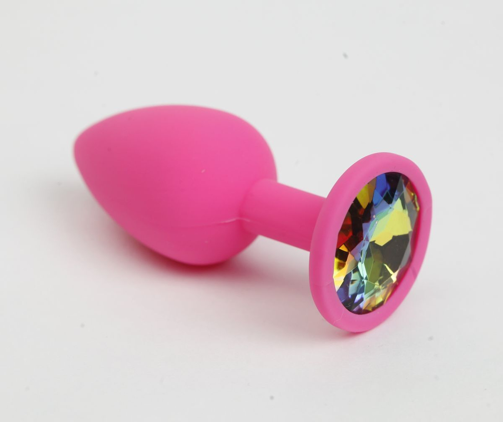 Розовая анальная пробка с радужным стразом - 7,6 см. (Цвет: разноцветный)