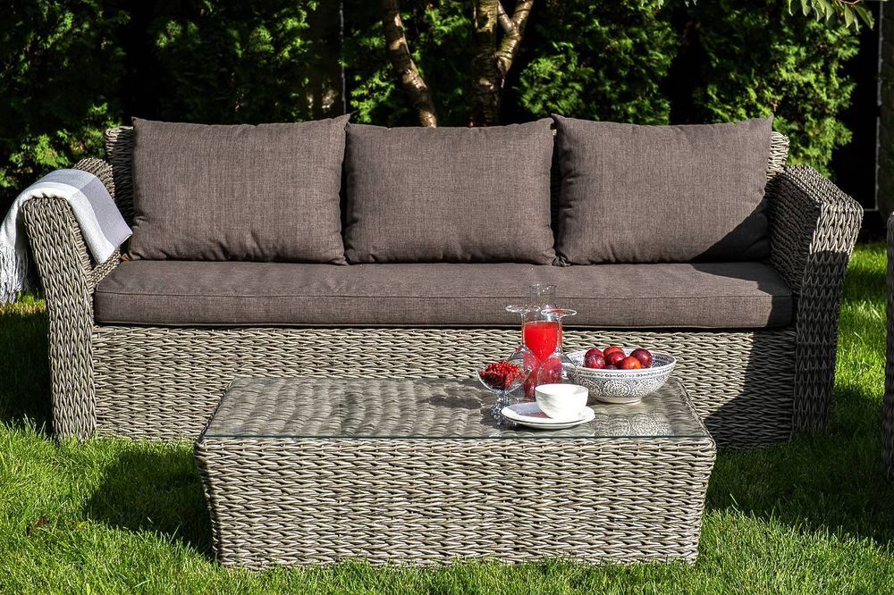 "Капучино" диван из искусственного ротанга (гиацинт) трехместный с подушками, цвет серый