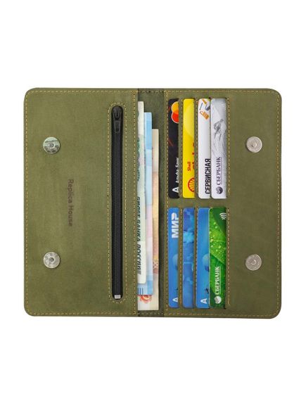 Фото функционального кошелька Всевидящее Око из зеленого нубука, развернутый вид с наполнением.