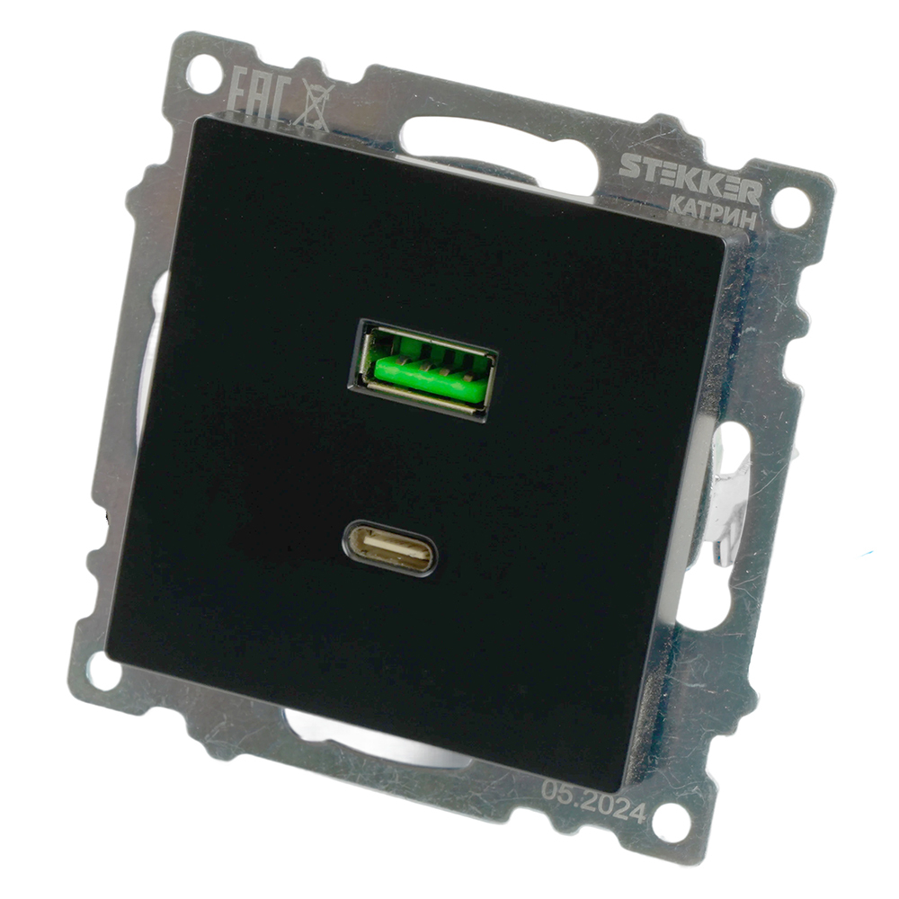 Розетка 2-местная USB + type C (механизм), STEKKER GLS10-7116-05, 250B, 3А, серия Катрин, черный 50055