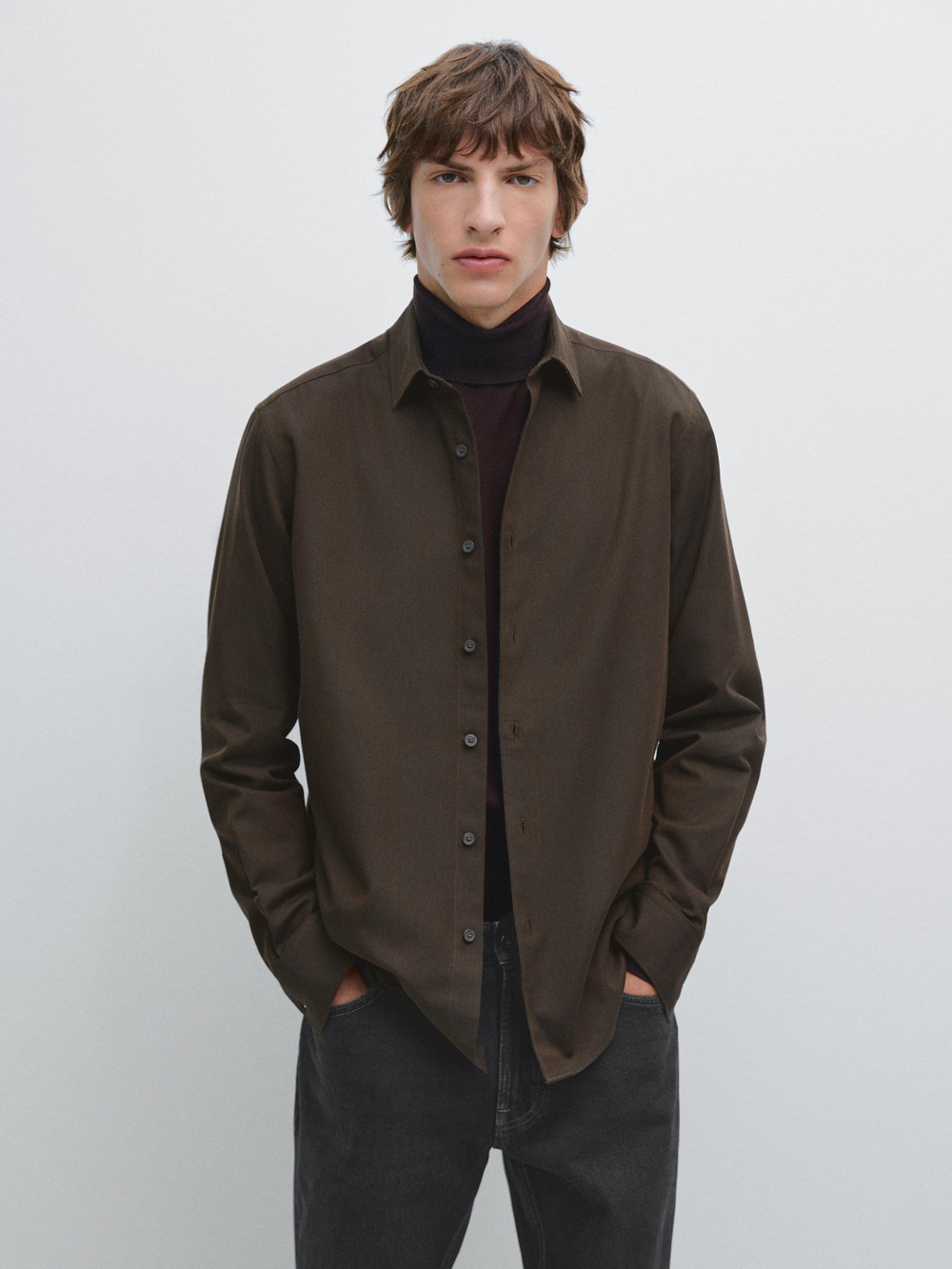 Massimo Dutti Рубашка прямого кроя в рубчик, коричневый