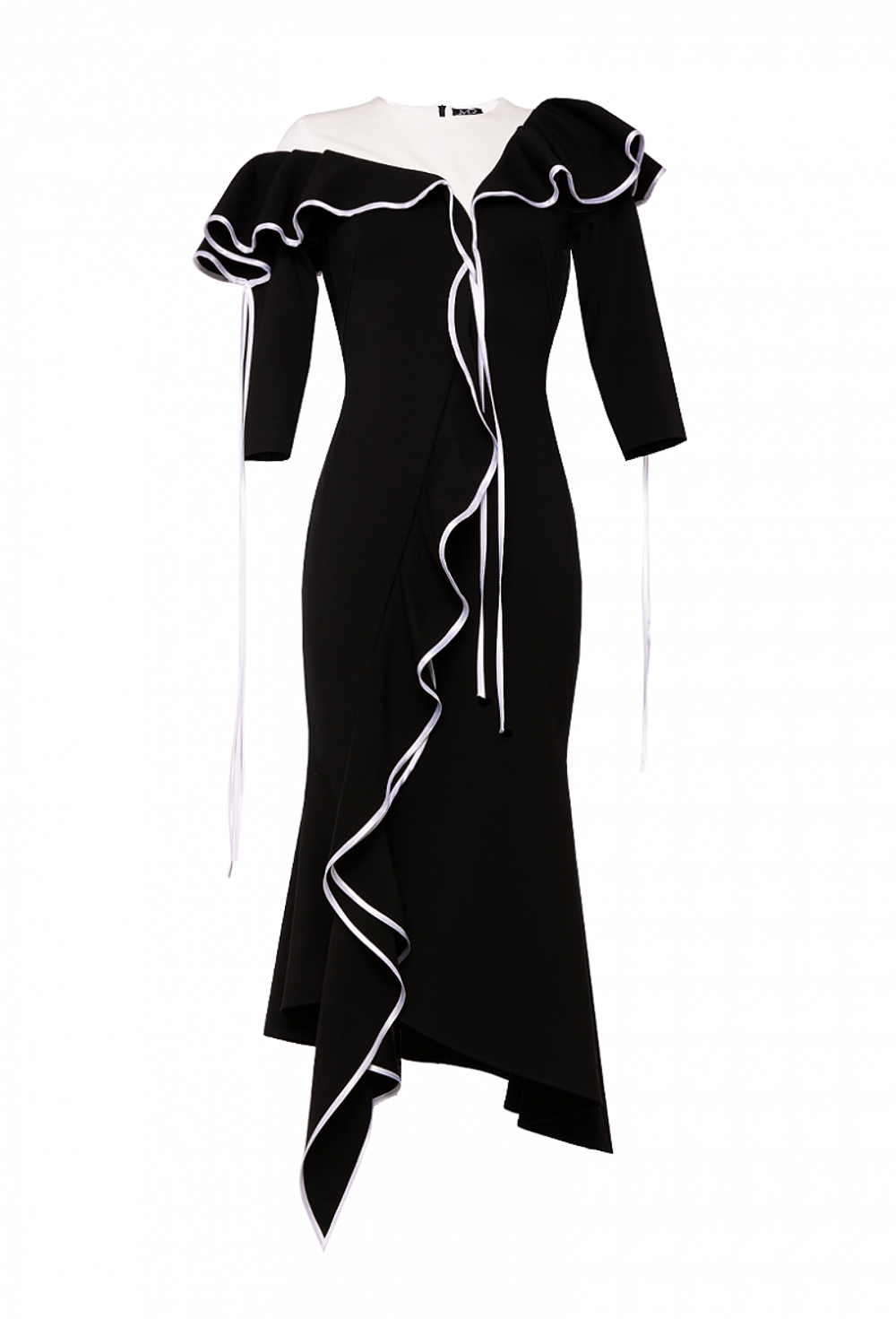 Платье чёрное с воланами и ассиметричной кокеткой 01-01-21SS