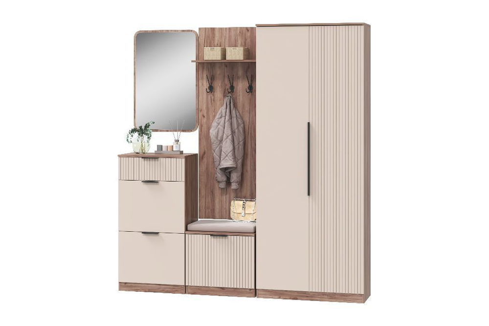 Прихожая с зеркалом комплект мебели Дуб Табачный/Бисквит, Тоскана, 210х38,4х227,4 см
