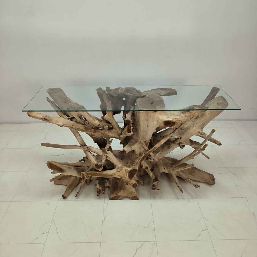 Консоль из корня тикового дерева 50091 со стеклом (150*47*85)