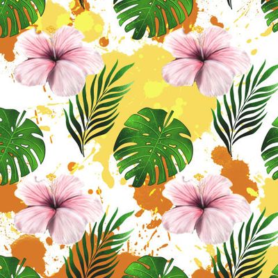 seamless pattern monstera leaf pink hibiscus tropics