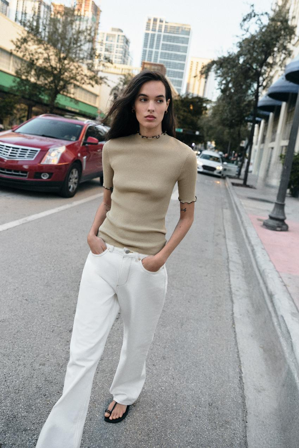 ZARA ТРИКОТАЖНЫЙ ТОП В РУБЧИК С КОНТРАСТНЫМИ КАНТАМИ, КАМЕННО-СЕРЫЙ