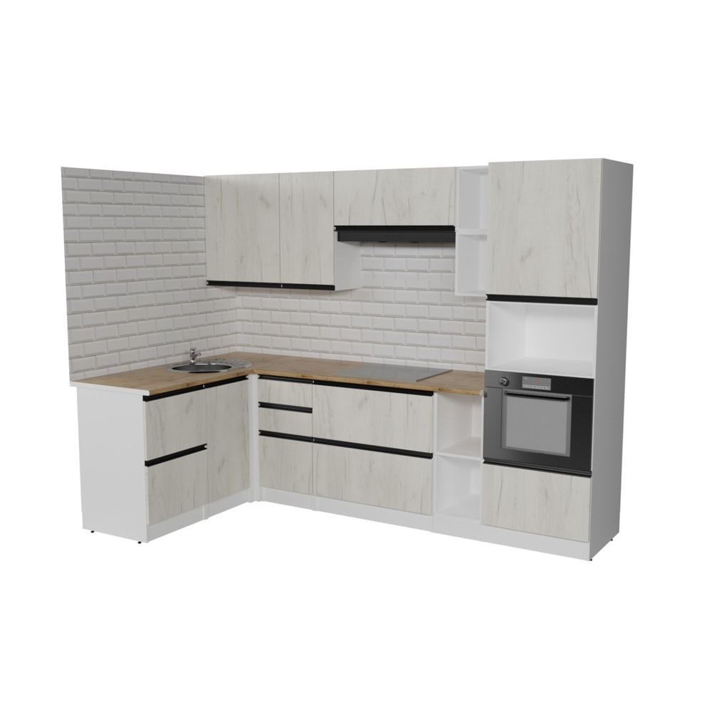 Кухонный угловой гарнитур Амели мега прайм 2700 х 1500 Белый/Дуб бунратти/Дуб грей