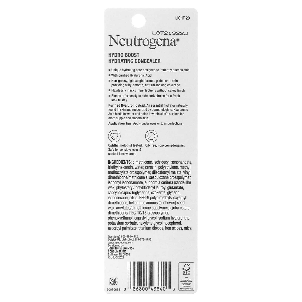 Neutrogena, Hydro Boost, увлажняющий консилер, светлый 20, 3,4 г (0,12 унции)