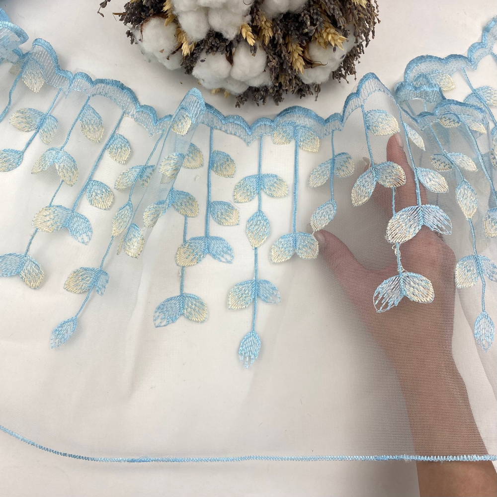 Вышивка на сетке плотная, бирюзовая 25 см