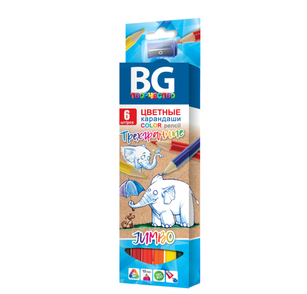 Карандаши цветные BG "Jumbo", 06цв., трехгран., толстые, 5,0мм, европодвес KR6C_t 4643