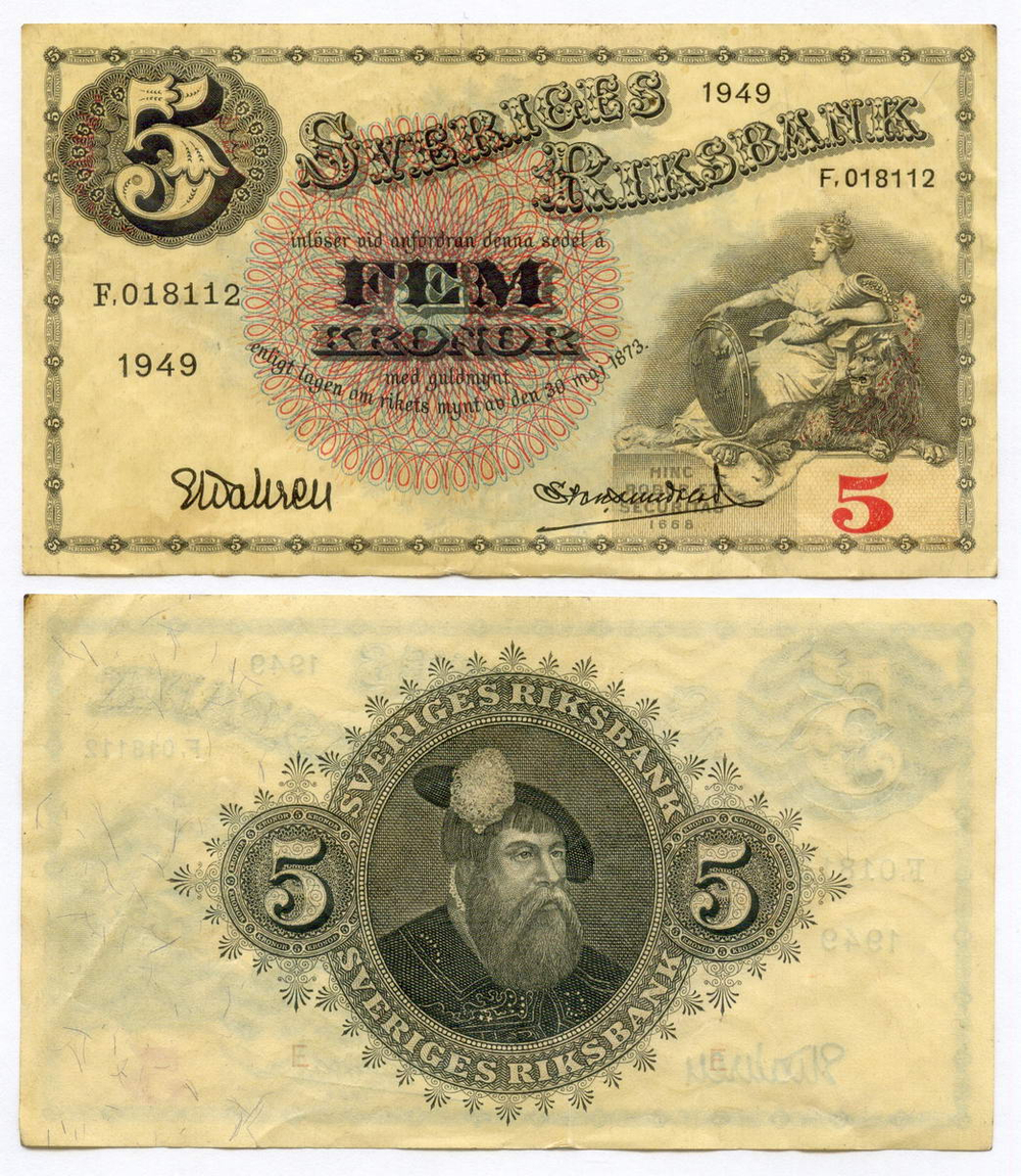 Банкнота Швеция 5 крон 1949 год F.018112. VF