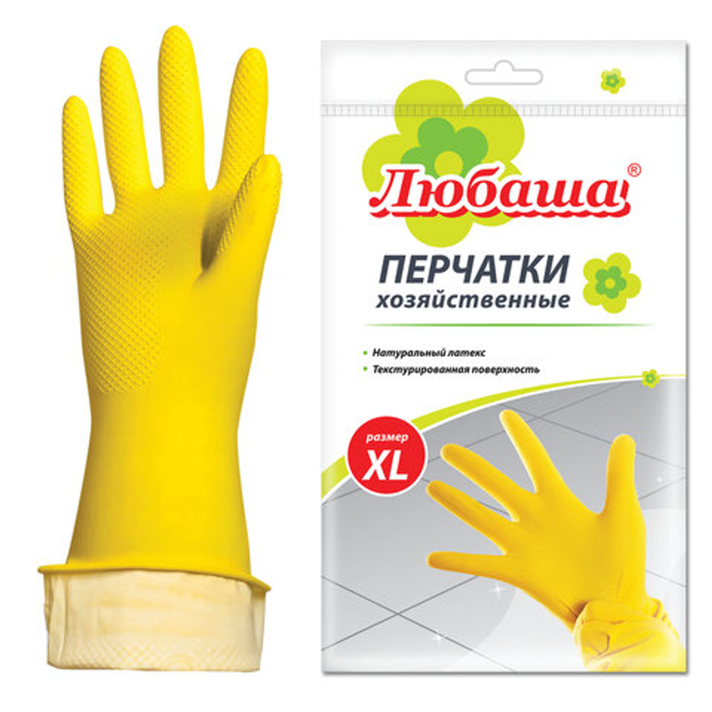 Перчатки МНОГОРАЗОВЫЕ латексные ЛЮБАША "ЭКОНОМ", хлопчатобумажное напыление, размер 9-10, XL (очень большой), желтые, вес 34 г