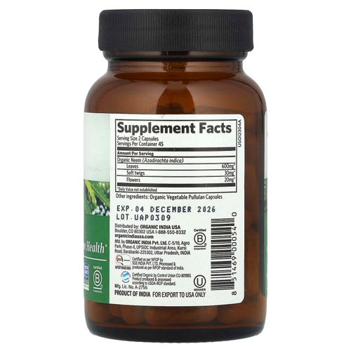 Organic India, ним, 90 вегетарианских капсул