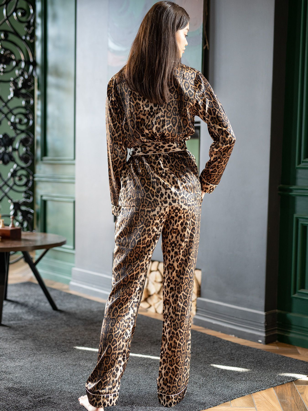 Пижамный комплект леопардовой расцветки: жакет и брючки (Размер: L) (Цвет: леопард)