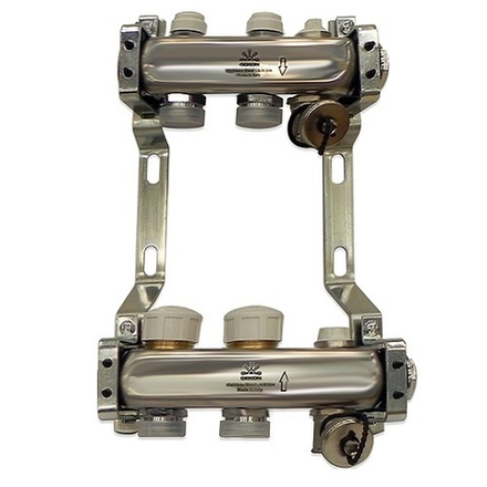 Коллекторный блок для тепл.пола и радиаторного отопления 1"x3/4"EU отв.-2, в комплекте: термостат. клапаны, микрометрич. вентили, сливн. краны, ручн.