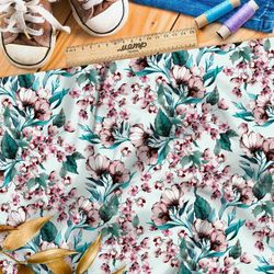 Ткань саржа крупные цветы яблони на зелёном фоне