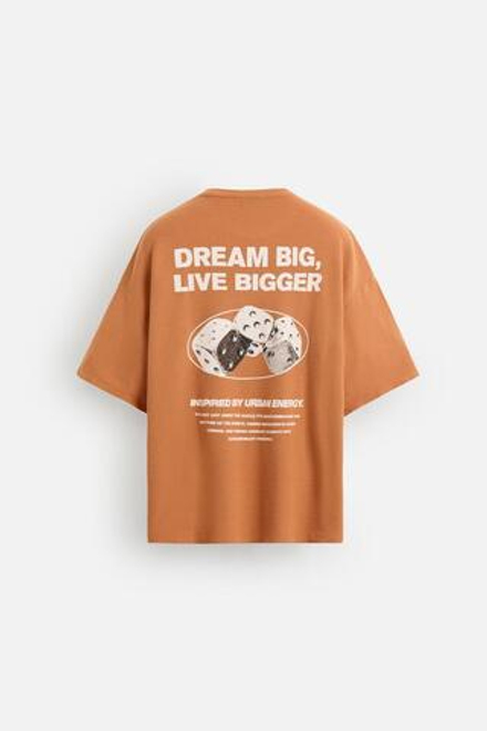 ZARA ТРИКОТАЖНАЯ ФУТБОЛКА С ПРИНТОМ, ОРАНЖЕВЫЙ
