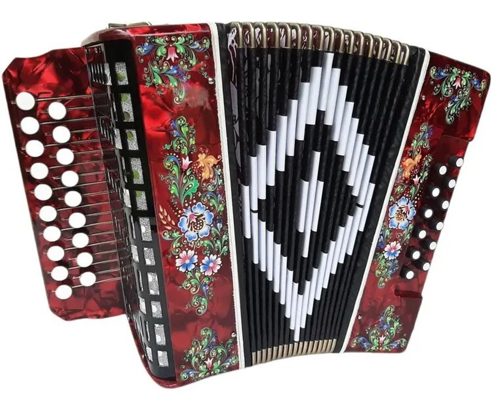 ГАРМОНЬ "ЧАЙКА" (S48ХL, 19х12), ЦВЕТ КРАСНЫЙ, РОСПИСЬ "ПАЛЕХ"