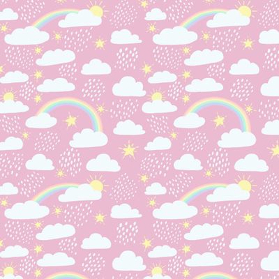 Детский паттерн с облаками,звездами, дождем точками, солнцем и радугой. Бесшовный универсальный узор для постельного белья и детской одежды. Розовый пудровый фон