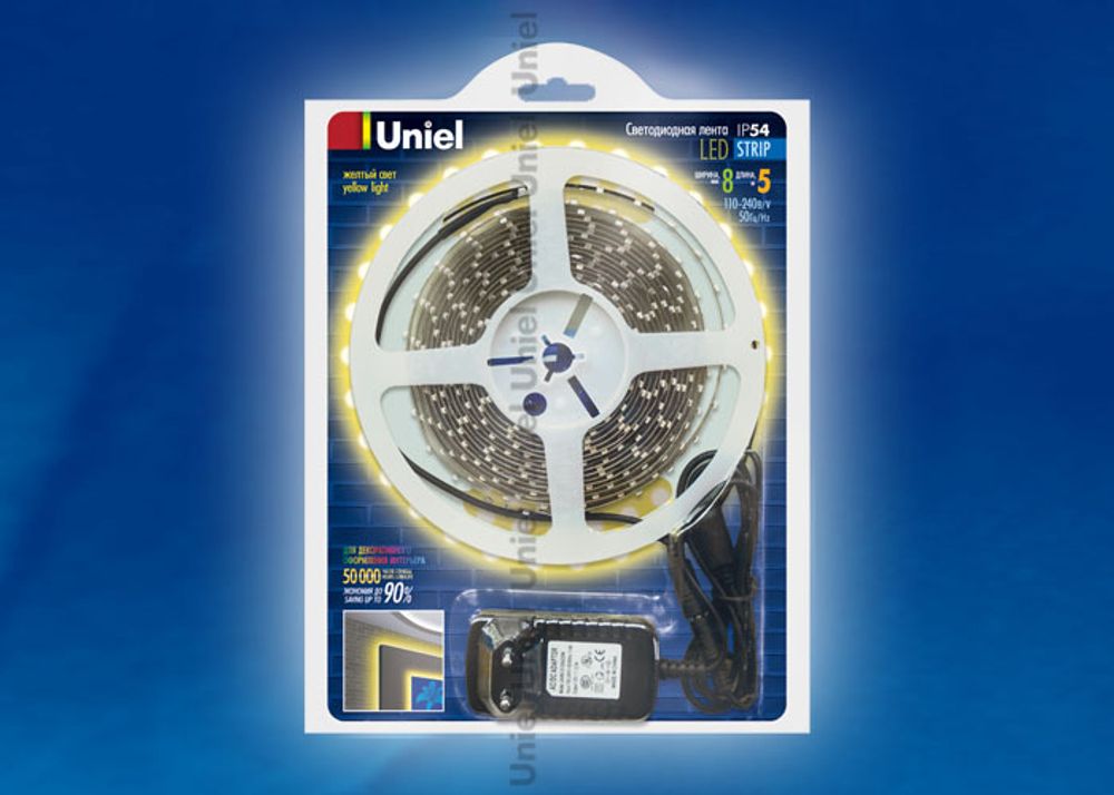 ULS-3528-60LED/m-8mm-IP54-DC12V-YELLOW Лента светодиодная UNIEL. Серия «Готовые решения» - катушка 5 м в блистере. В комплекте с адаптером. IP54. Желт