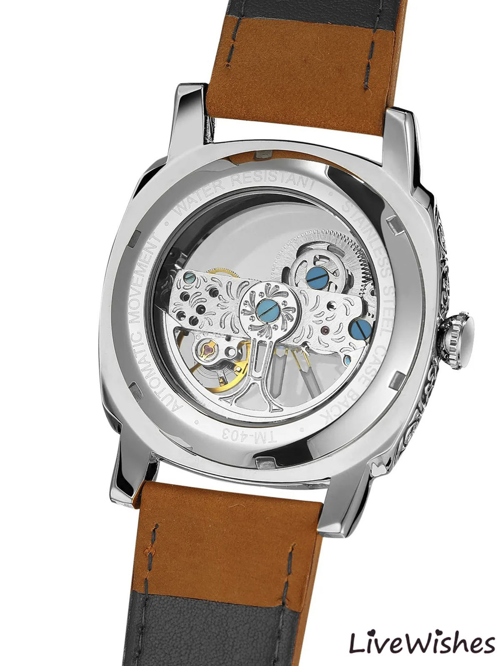 Часы наручные механические скелетоны FORSINING на кожаном ремешке, серебристый/коричневый W8980-01