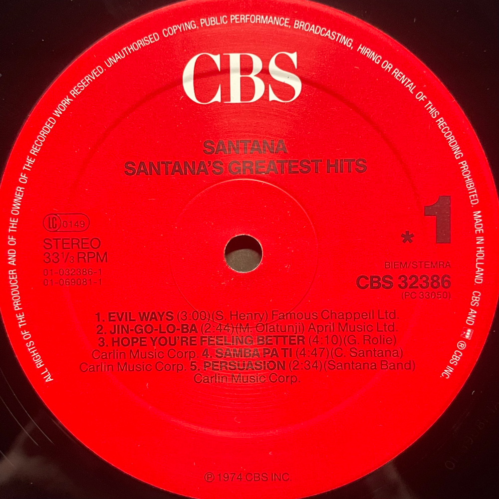 Santana - Santana's Greatest Hits (Голландия 1986г.)