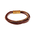 Стильный солидный модный мужской браслет 4в1 коричневый из кожи и бусин камня гематита с металлическим магнитным замком JV TOE-594-60178 в подарочной упаковке