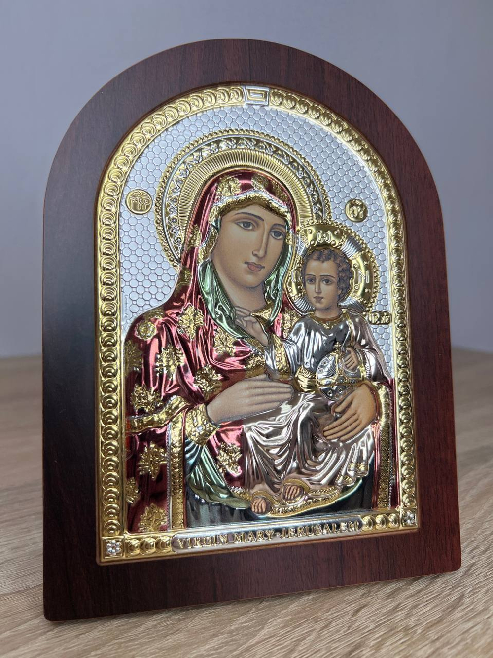 Иерусалимская БМ, икона арочная, красное дерево, эмаль 150х200